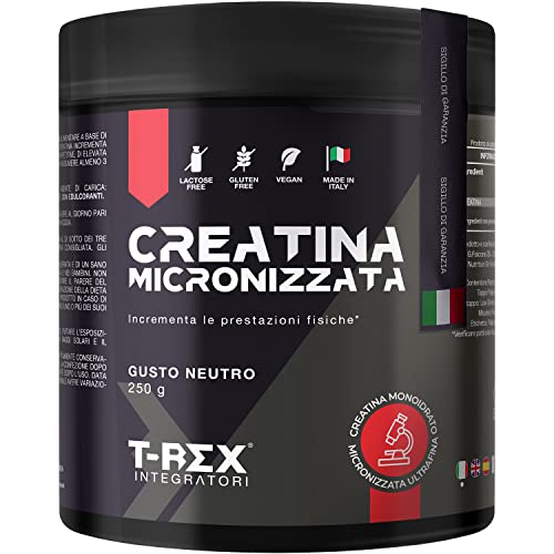 T-Rex Integratori Creatina Micronizzata Monoidrata - Integratore alimentare per massa muscolare e boost energetico pre workout (Polvere, 250 g (Confezione da 1))