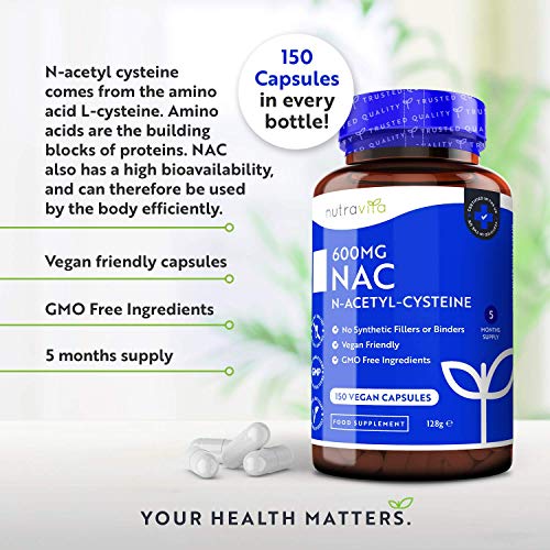 NAC N-Acetil-Cisteina 600mg - 150 Capsule Vegan - Fornitura di 5 mesi di NAC Supplemento - Elevata Biodisponibilità - Senza Additivi Sintetici & Raccoglitori - Prodotte da Nutravita - 8earn
