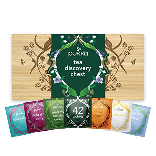 Pukka Herbs | Tea Discovery Chest | Selezione di tè e tisane bio con cofanetto in bambù | Idea Regalo | 42 filtri - 8earn