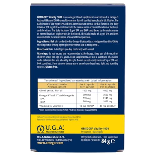 Omega 3 IFOS 5 Stelle OMEGOR Vitality 1000 - Omega3 EPA 535mg e DHA 268 mg - 60 Capsule Senza Retrogusto e Facili da Digerire