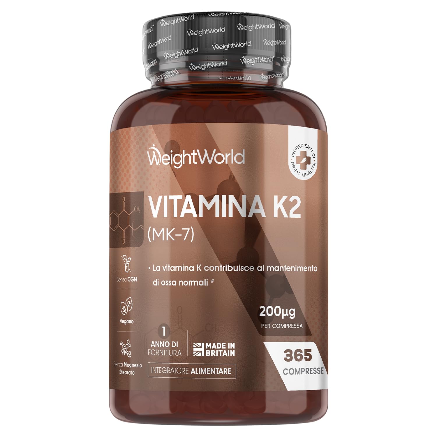 Vitamina K2 MK7 200µg, Vegana, 1 Compressa al Giorno, 1 Anno di Fornitura, 365 Compresse da 5 mm, K2 Vitamina, Menachinone, Integratore Privo di Magnesio Stearato e Glutine, Prodotto nel Regno Unito