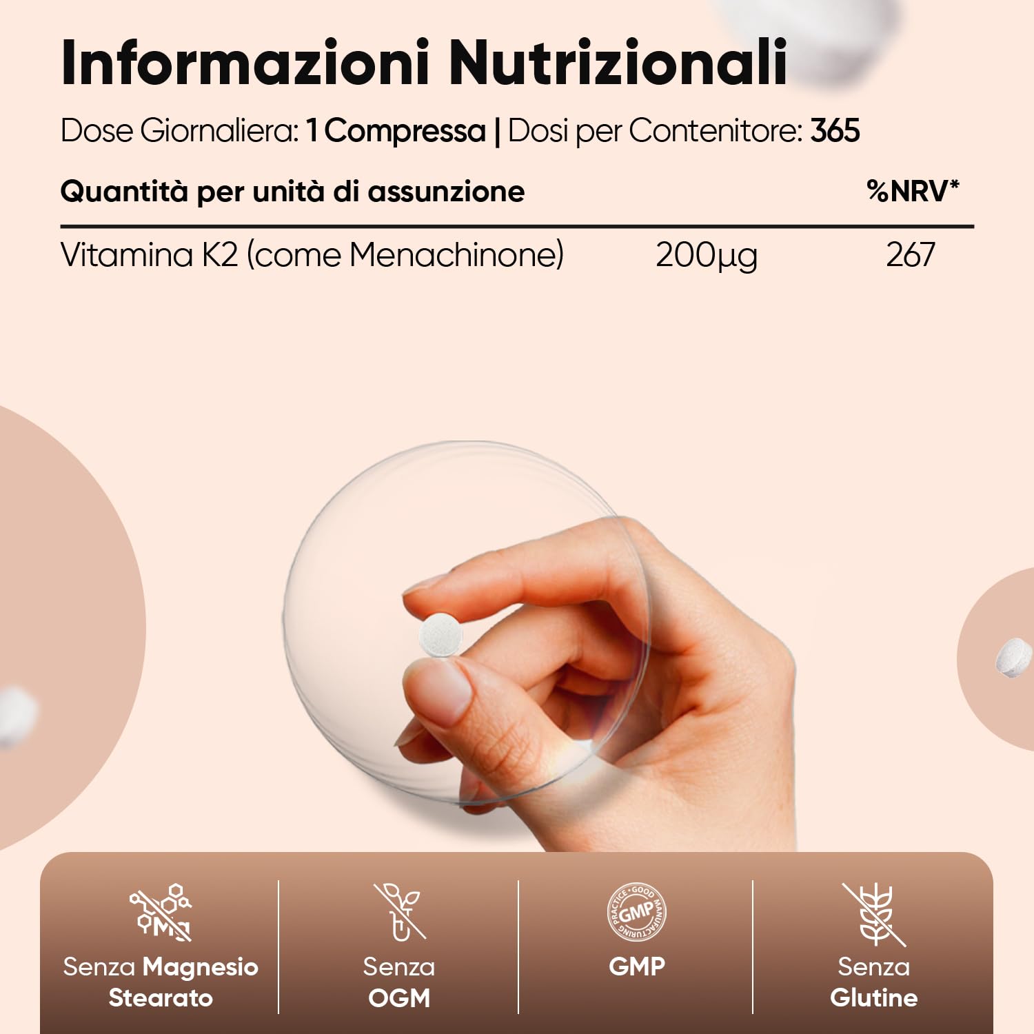 Vitamina K2 MK7 200µg, Vegana, 1 Compressa al Giorno, 1 Anno di Fornitura, 365 Compresse da 5 mm, K2 Vitamina, Menachinone, Integratore Privo di Magnesio Stearato e Glutine, Prodotto nel Regno Unito