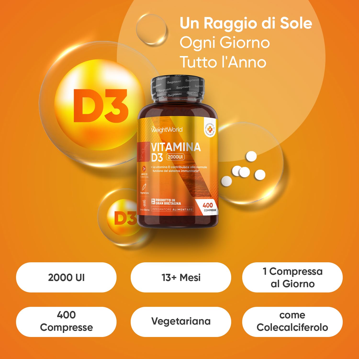 Vitamina D3 2000 UI Colecalciferolo (50mcg) Vegetariana, 400 Compresse (Scorta 13+ Mesi), 1 al Giorno, La Vitamina D Contribuisce alla Normale Funzione del Sistema Immunitario (EFSA), Senza Glutine