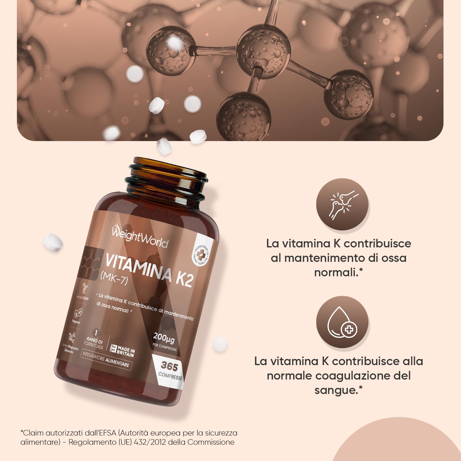 Vitamina K2 MK7 200µg, Vegana, 1 Compressa al Giorno, 1 Anno di Fornitura, 365 Compresse da 5 mm, K2 Vitamina, Menachinone, Integratore Privo di Magnesio Stearato e Glutine, Prodotto nel Regno Unito