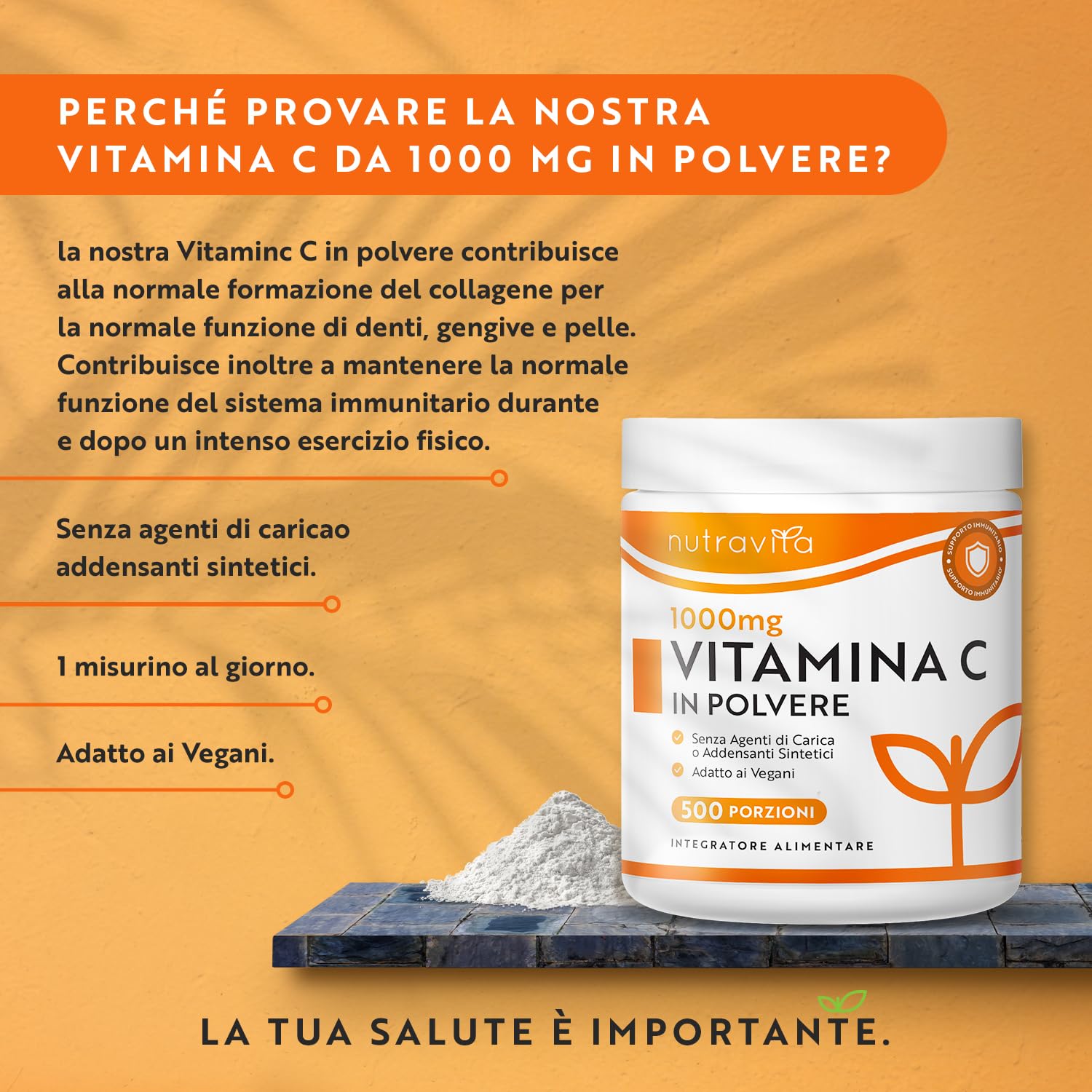Vitamina C in polvere 500 g - 1000 mg per porzione - scorta per 16 mesi - Acido ascorbico puro in polvere finissima - Supporta il sistema immunitario e riduce la stanchezza - Nutravita