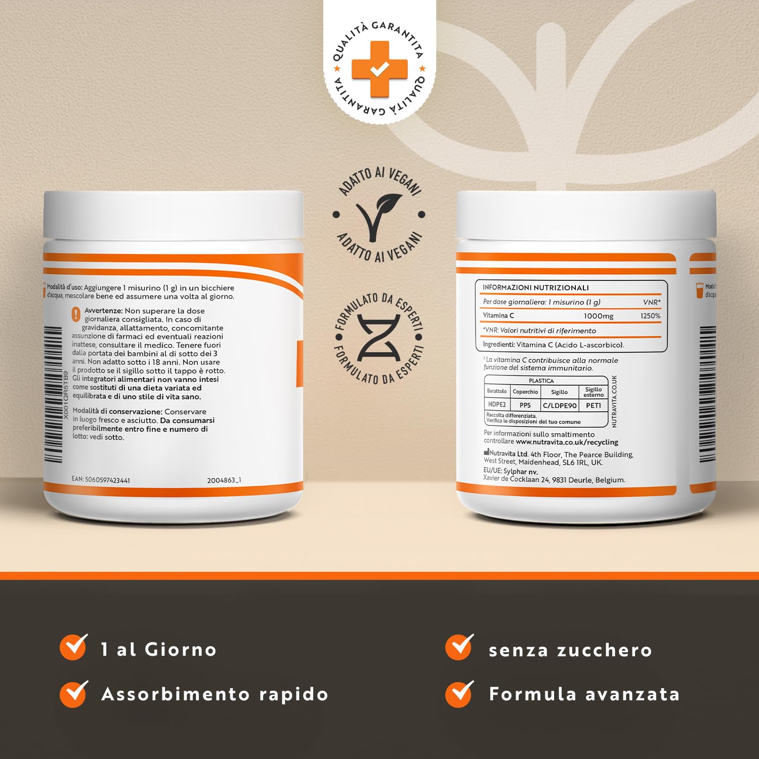 Vitamina C in polvere 500 g - 1000 mg per porzione - scorta per 16 mesi - Acido ascorbico puro in polvere finissima - Supporta il sistema immunitario e riduce la stanchezza - Nutravita