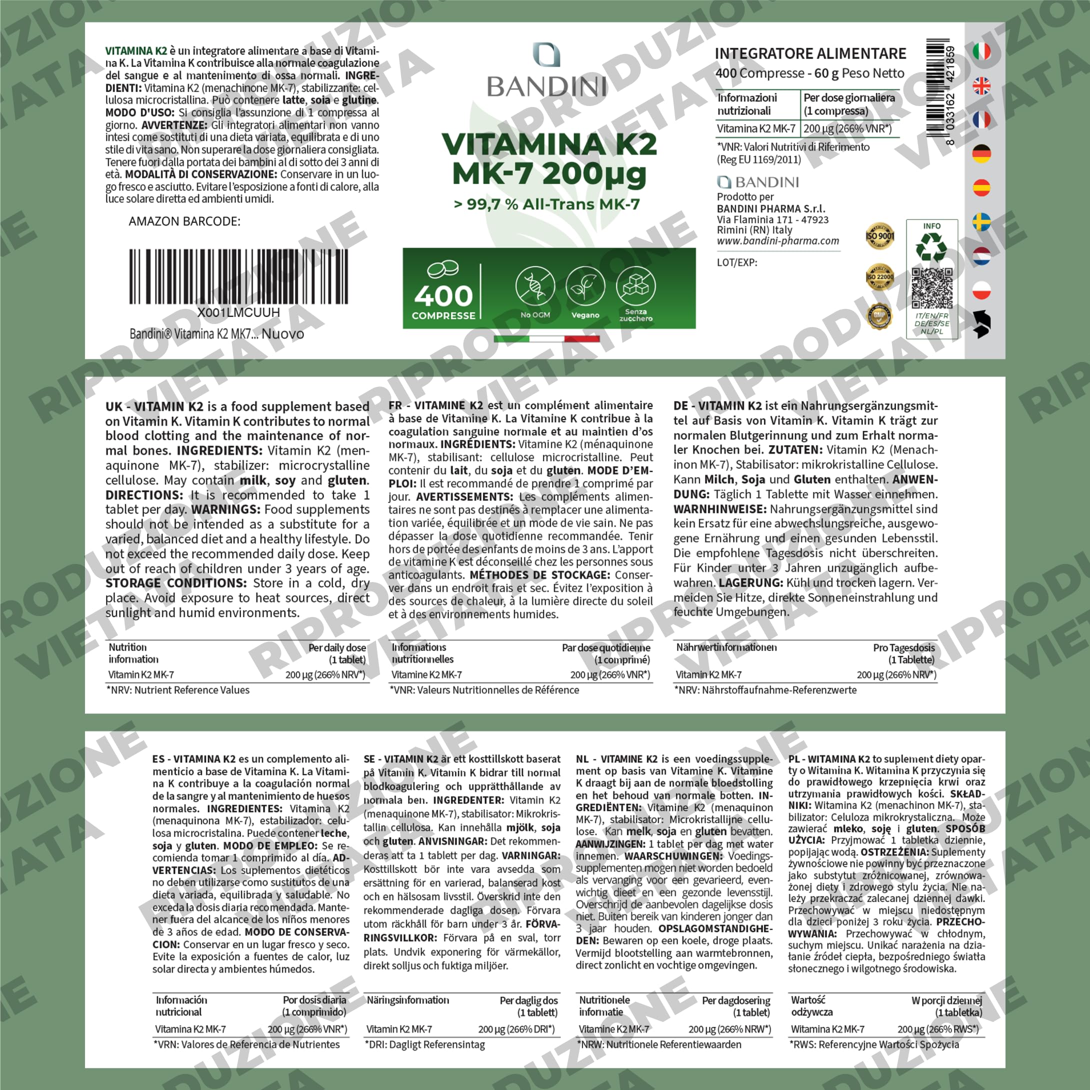 Bandini® Vitamina K2 MK7 200µg | 400 Compresse | Menachinone ad Alto Dosaggio | Vit K 2 MK-7 200 mcg | Contribuisce al Mantenimento di Ossa Normali, 100% Vegan, Senza OGM | Vitamina K Qualità Italiana