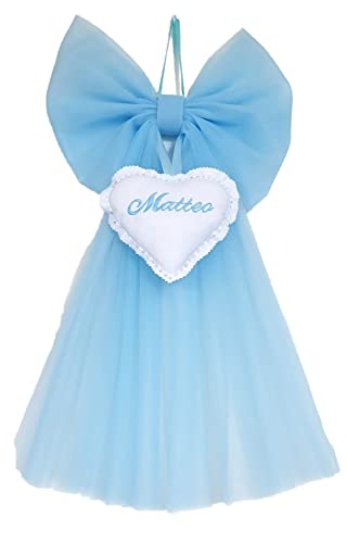 Baby Birth Bow in Light Blue Tulle with embroidered personalized name.