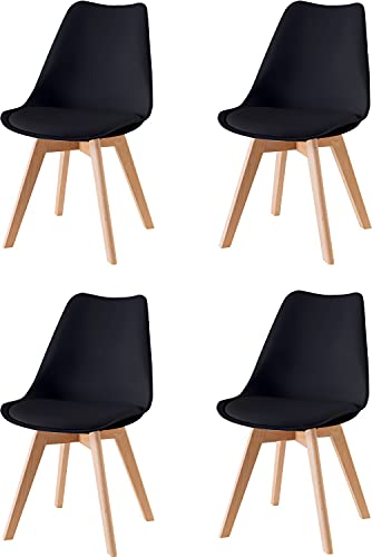 Baroni Home Dining or Office Chair with Wooden Legs, Ergonomic Chair with Integrated Cushion 50X48X82 cm (4, Black)