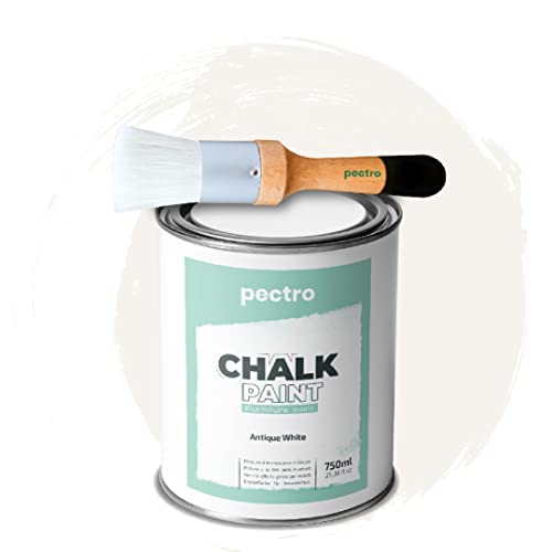 PECTRO Chalk Paint 750ml Chalk Paint + Round Wood Brush Pack - Furniture Paint Without Sanding - White Chalk Paint &amp; Dust Effect Wood Colors (ANTIQUE WHITE)