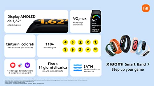 Xiaomi Smart Band 7, Schermo AMOLED 1.62'', Monitoraggio Sonno, SpO2, Frequenza Cardiaca, VO2max, Resistenza all'Acqua 5 ATM, 110+ modalità sportive, Durata Batteria 14 giorni, Versione Italiana