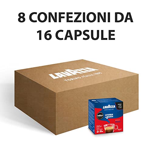 Lavazza, A Modo Mio Crema e Gusto Classico, 128 Coffee Capsules, for an Espresso with Notes of Chocolate and Dried Fruit, Arabica and Robusta, Intensity 12/13, Medium Roasting, 8 Packs of 16 Capsules