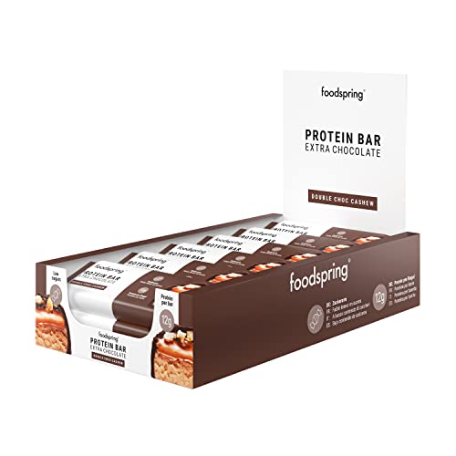 foodspring Extra Choco Protein Bars - 13g of protein per bar, 0 added sugars, tasty post-workout or travel snack - Double Chocolate &amp; Cashews - 45g