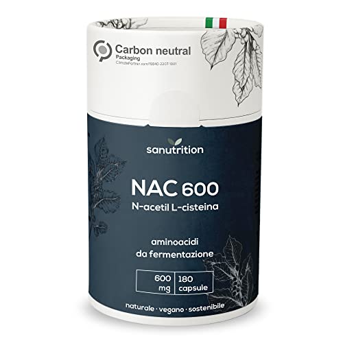 Sanutrition® - NAC 600 mg per capsula | 180 capsule | N-acetil L-cisteina ad alto dosaggio | vegano | aminoacido da fermentazione