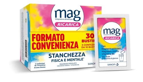 Mag Ricarica, Integratore Alimentare A base di Magnesio Pidolato, Magnesio Ossido e Vitamina B6 Contro Stanchezza Mentale e Fisica, Senza Glutine e Lattosio, 3 Confezioni da 10 Bustine Aroma Limone - 8earn