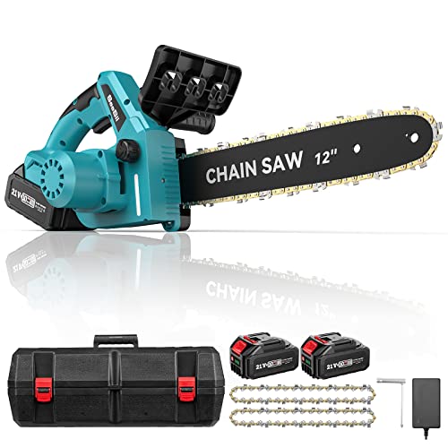 12 Inch Mini Brushless Cordless Chainsaw, Seesii Cordless Pruning Saw with Charger, 2 x 4.0Mah Batteries and Automatic Oiler, Electric Chainsaw for Wood Cutting