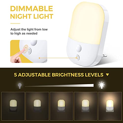 Kids Night Light, [2 Pack] LED Night Light 5 Brightness Levels with Twilight Sensor, Plug Night Lights for Kids Room, Bathroom, Hallway, Kitchen, Stairs, Warm White
