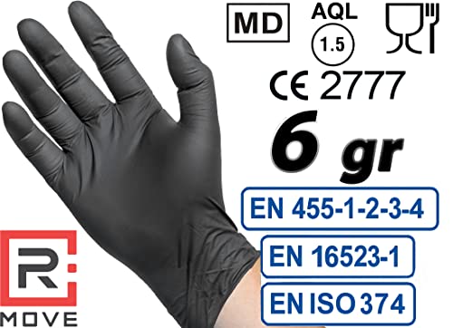 100 guanti in Nitrile NERI 6 grammi EXTRA RESISTENTI, 60% di SPESSORE in più al dito rispetto al 3,5 gr, NO polvere, NO lattice, per Meccanici, Tatuatori, Estetisti, Ristorazione, Guanti monouso (L)