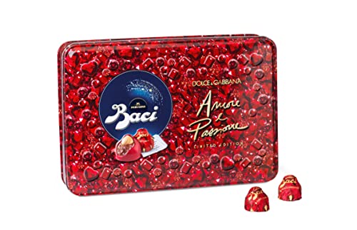 BACI PERUGINA CHOCOLATES, LIMITED EDITION LOVE AND PASSION Confectionary preparation with hazelnuts and raspberry flavored grains, Gift Tin 300g