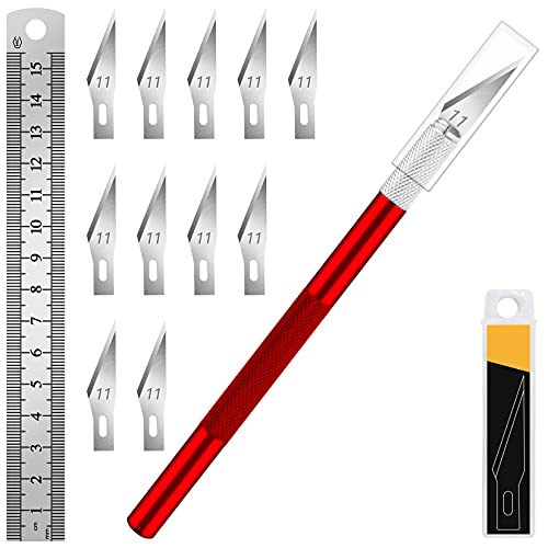 Artcut 1Pcs Craft Knife Hobby Knife Exacto Knife with 11Pcs Stainless Steel Blades Kit, 1Pcs Steel 15CM Ruler for Art, Scrapbooking, Stencil (Red)
