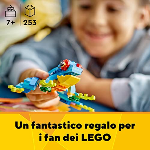 LEGO 31136 Creator Pappagallo Esotico, Set 3 in 1 con Pesce e Rana, Animali Giocattolo per Bambini da 7 Anni in su, Giochi Creativi con Figure della Giungla