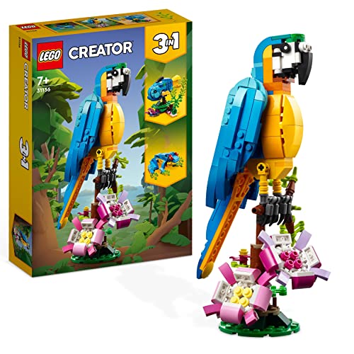 LEGO 31136 Creator Exotic Parrot, 3-in-1 Fish and Frog Playset, Toy Animals for Kids Ages 7 and Up, Creative Play with Jungle Figures