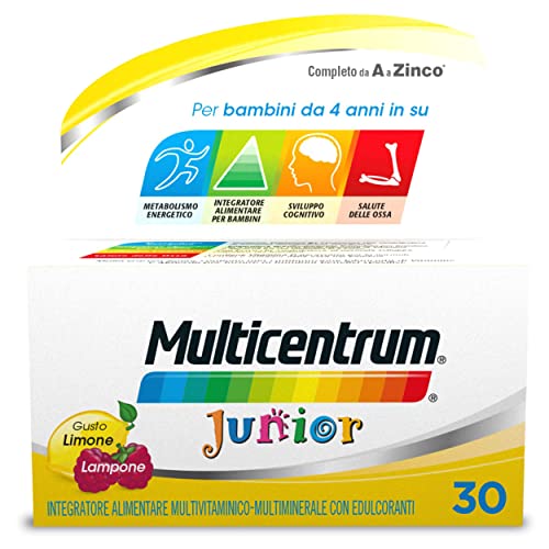 Multicentrum Junior Multivitamin Multimineral Food Supplement, Complete Intake Formulated for Children 4+, Gluten Free, Lemon and Raspberry Flavour, 30 Chewable Tablets