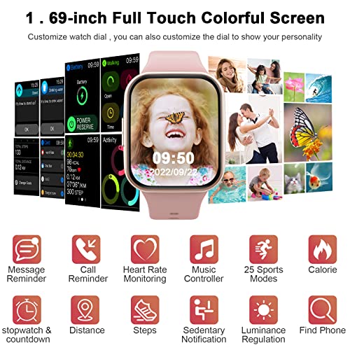 Smartwatch Donna Orologio Fitness 1.69" Smart Watch con Contapassi/Cardiofrequenzimetro/SpO2/Cronometro, 25 Sportivo, Notifiche Messaggi, Impermeabil IP68 Fitness Tracker per Android iOS -2022 Rosa - 8earn