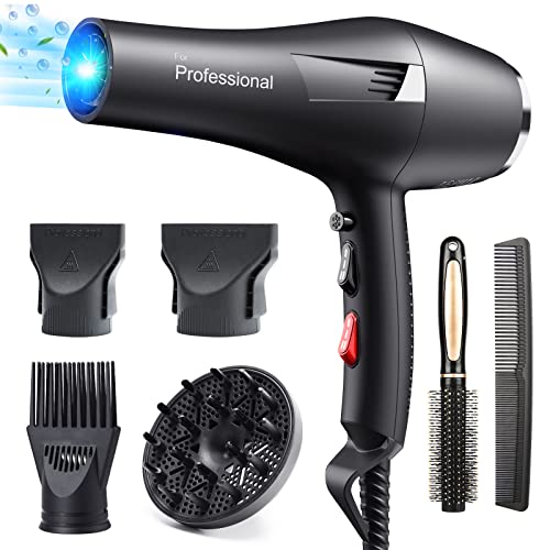 HappyGoo Professional Ionic Hair Dryer 2400W Phone with 1 Diffuser 4 Styling Nozzles, 2.5 Meters Long Power Cord, Strong Blow Dryer for Family, Hair Salon, Hairdressers, Black