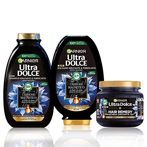 Garnier Ultra Dolce Routine Complete Magnetic Carbon, Kit with Shampoo, Conditioner and Mask, For Oily Scalp and Dry Lengths, Without Silicones, 300 ml + 250 ml + 340 ml