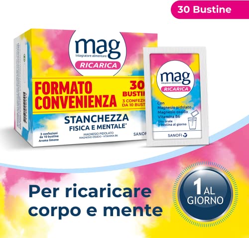 Mag Ricarica, Integratore Alimentare A base di Magnesio Pidolato, Magnesio Ossido e Vitamina B6 Contro Stanchezza Mentale e Fisica, Senza Glutine e Lattosio, 3 Confezioni da 10 Bustine Aroma Limone - 8earn