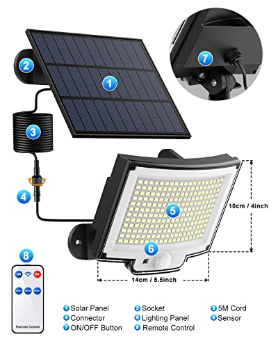 Luce Solare Led Esterno con Sensore di Movimento [228LED/3Modes] Luci Solari da Esterno con Telecomando, IP65 Impermeabile LED Lampade Solari da Esterni con Estensore da 5M Giardino Garage [1 Pezzi ]