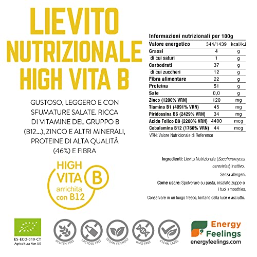 Energy Feelings Lievito Alimentare Nutrizionale B12 in Scaglie 250g | Lievito con Vitamina B12 Naturale | Integratore Lievito Nutrizionale in Fiocchi Senza Glutine e Vegano 51% Proteine