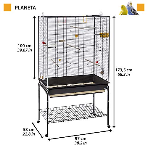 Ferplast Spacious Cage for Canaries, Parakeets and Exotic Birds Planeta, with Accessories, Storage Stand with Wheels, Black Painted Metal, Brown Plastic Bottom, 97 X 58 XH 173.5 cm