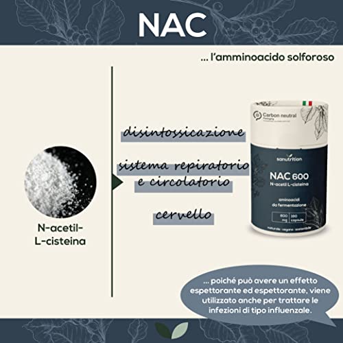 Sanutrition® - NAC 600 mg per capsula | 180 capsule | N-acetil L-cisteina ad alto dosaggio | vegano | aminoacido da fermentazione