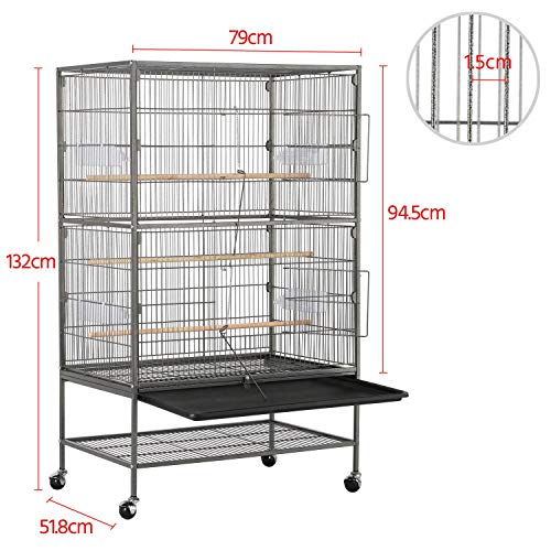 Yaheetech Aviary Cage for Parrots Large Birds Inseparable Cockatiels with Pedestal Wheels Metal Indoor and Outdoor 79 x 51.8 x 132 cm Black