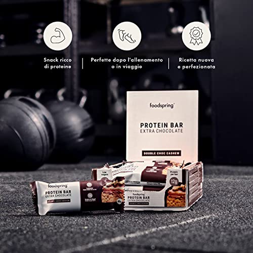 Barrette Proteiche Extra Choco foodspring - 13g di proteine per barretta, 0 zuccheri aggiunti, goloso snack post-workout o in viaggio - Doppio Cioccolato e Anacardi - 45g - 8earn