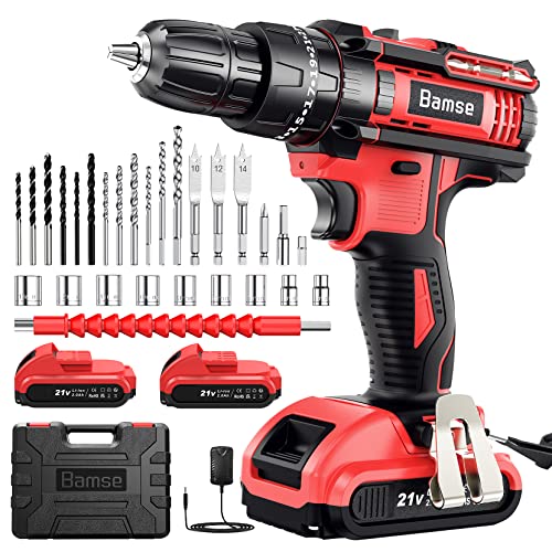 21V Cordless Drill Driver, Bamse Cordless Screwdriver with 2 2.0Ah Batteries, 42Nm Electric Screwdriver, 25+3 Torque, 2 Speed, 30CS Accessories, LED Light for Home Project