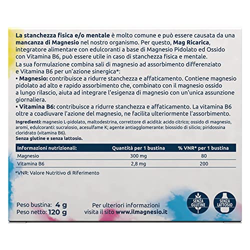 Mag Ricarica, Integratore Alimentare A base di Magnesio Pidolato, Magnesio Ossido e Vitamina B6 Contro Stanchezza Mentale e Fisica, Senza Glutine e Lattosio, 3 Confezioni da 10 Bustine Aroma Limone - 8earn