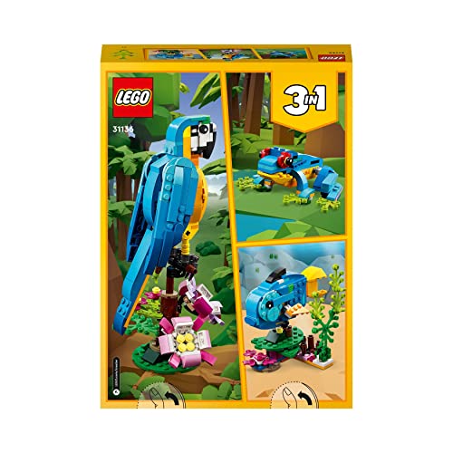 LEGO 31136 Creator Pappagallo Esotico, Set 3 in 1 con Pesce e Rana, Animali Giocattolo per Bambini da 7 Anni in su, Giochi Creativi con Figure della Giungla