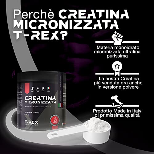T-Rex Integratori Creatina Micronizzata Monoidrata - Integratore alimentare per massa muscolare e boost energetico pre workout (Polvere, 250 g (Confezione da 1))