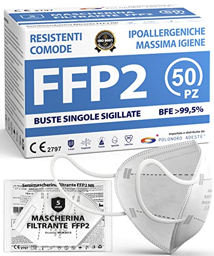 ADESTE - 50 Mascherine FFP2 Bianche Certificate CE, filiera controllata, anallergiche, con elastici comodi e resistenti. Sicura: capacità filtrante >99,5%, Buste singole sigillate. - 8earn
