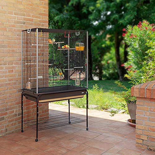 Ferplast Spacious Cage for Canaries, Parakeets and Exotic Birds Planeta, with Accessories, Storage Stand with Wheels, Black Painted Metal, Brown Plastic Bottom, 97 X 58 XH 173.5 cm